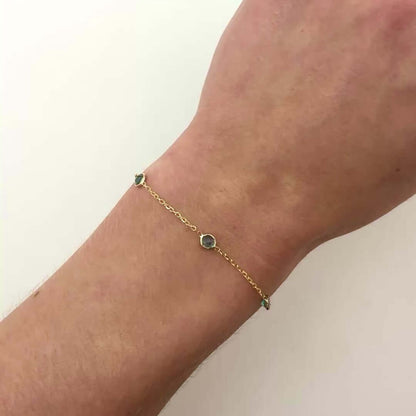 14K Yellow Gold Station Gemstone Adjustable Bracelet (Solid Links) 6.5"-7"
