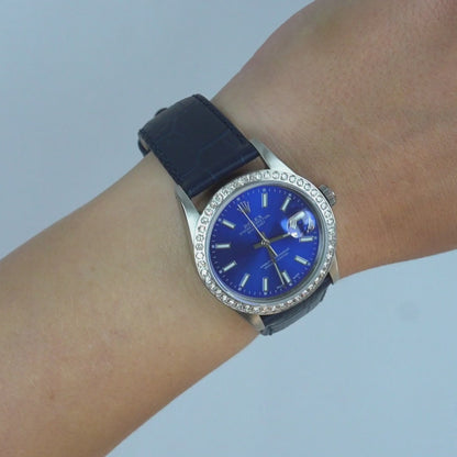 36mm Rolex Datejust 16014 18K White Gold Diamond Bezel Blue Dial Leather Watch