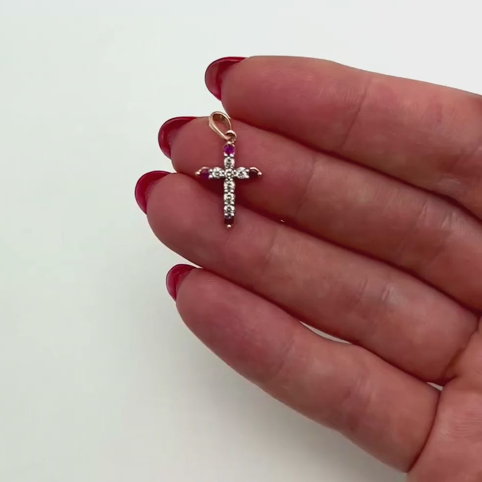 .24CTW Natural Diamond Ruby Accents 10K Gold Yellow White Rose Cross Pendant .9" — product video