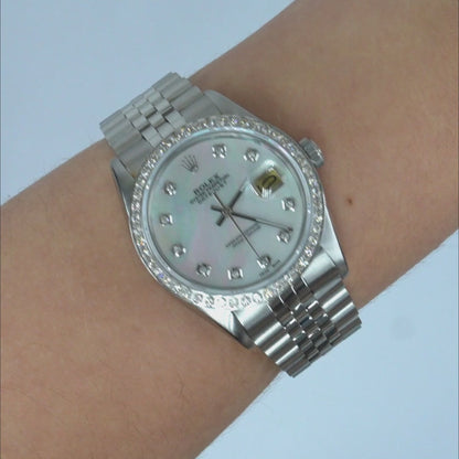 Rolex Datejust 1603 36mm White MOP Dial 18K Gold Diamond Bezel Jubilee Watch