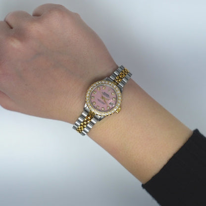 Rolex Datejust 69173 1.10TCW Diamond Bezel Jubilee Band Pink Pearl Dial 26mm Watch