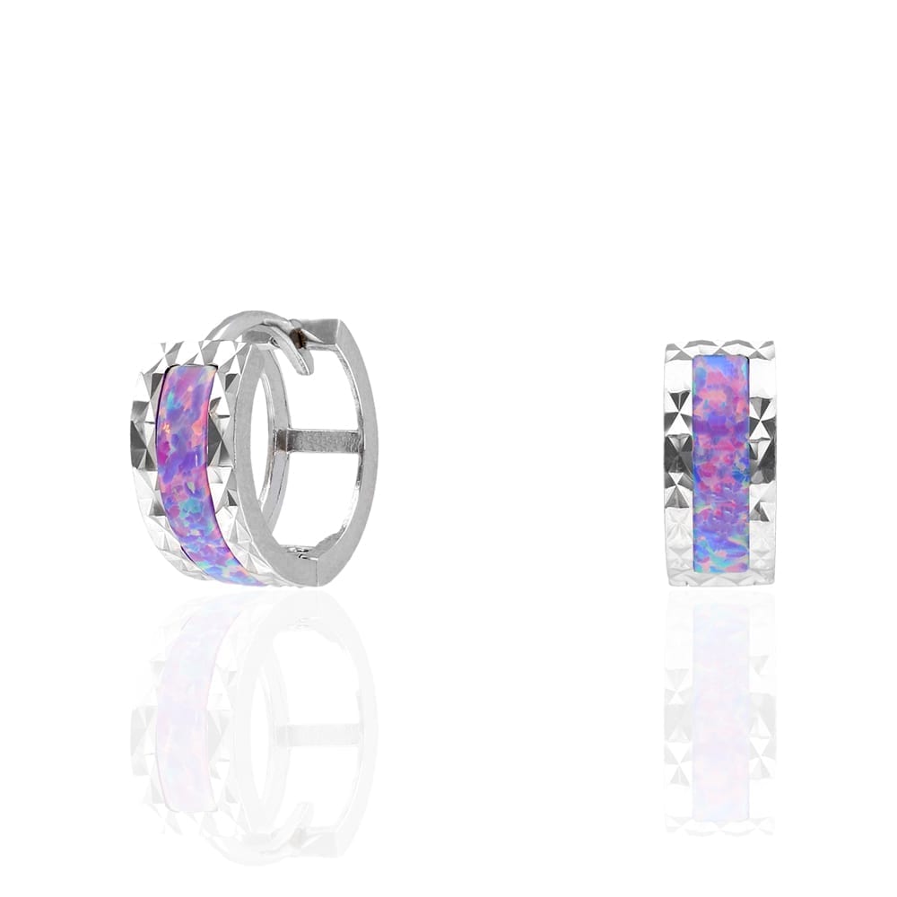 14k White Gold Diamond Cut Fire Opal Huggie Hoop Earrings 0.5"