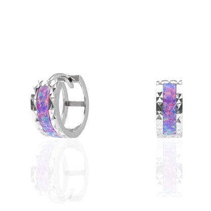 14k White Gold Diamond Cut Fire Opal Huggie Hoop Earrings 0.5"