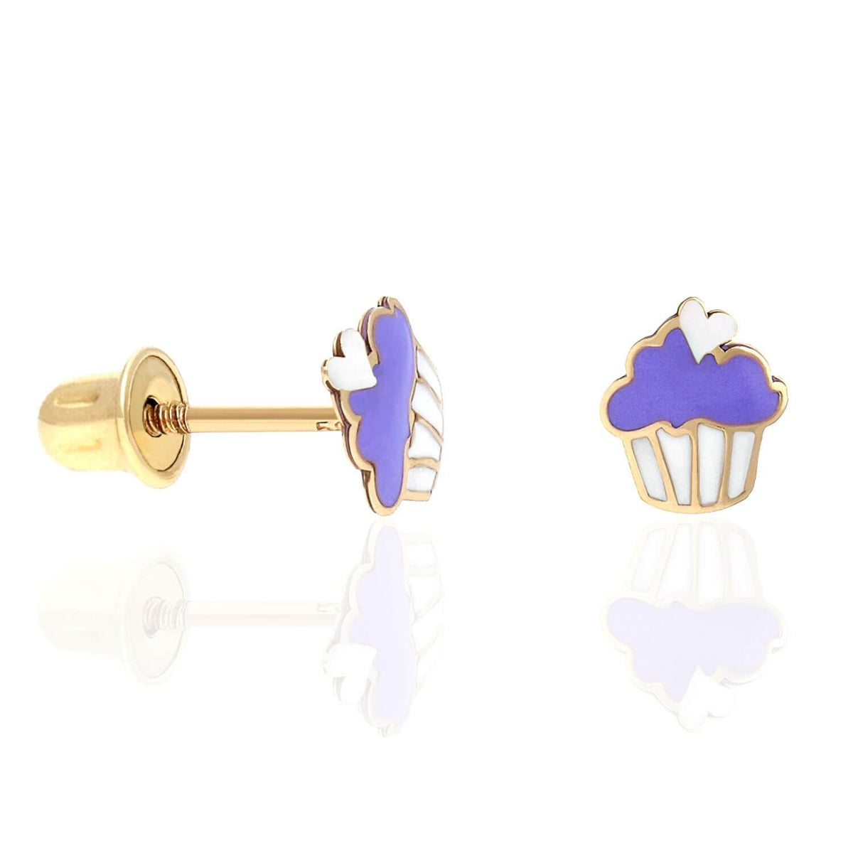 Kids 14K Yellow Gold Enameled Small Cupcake Screw Back Stud Earrings