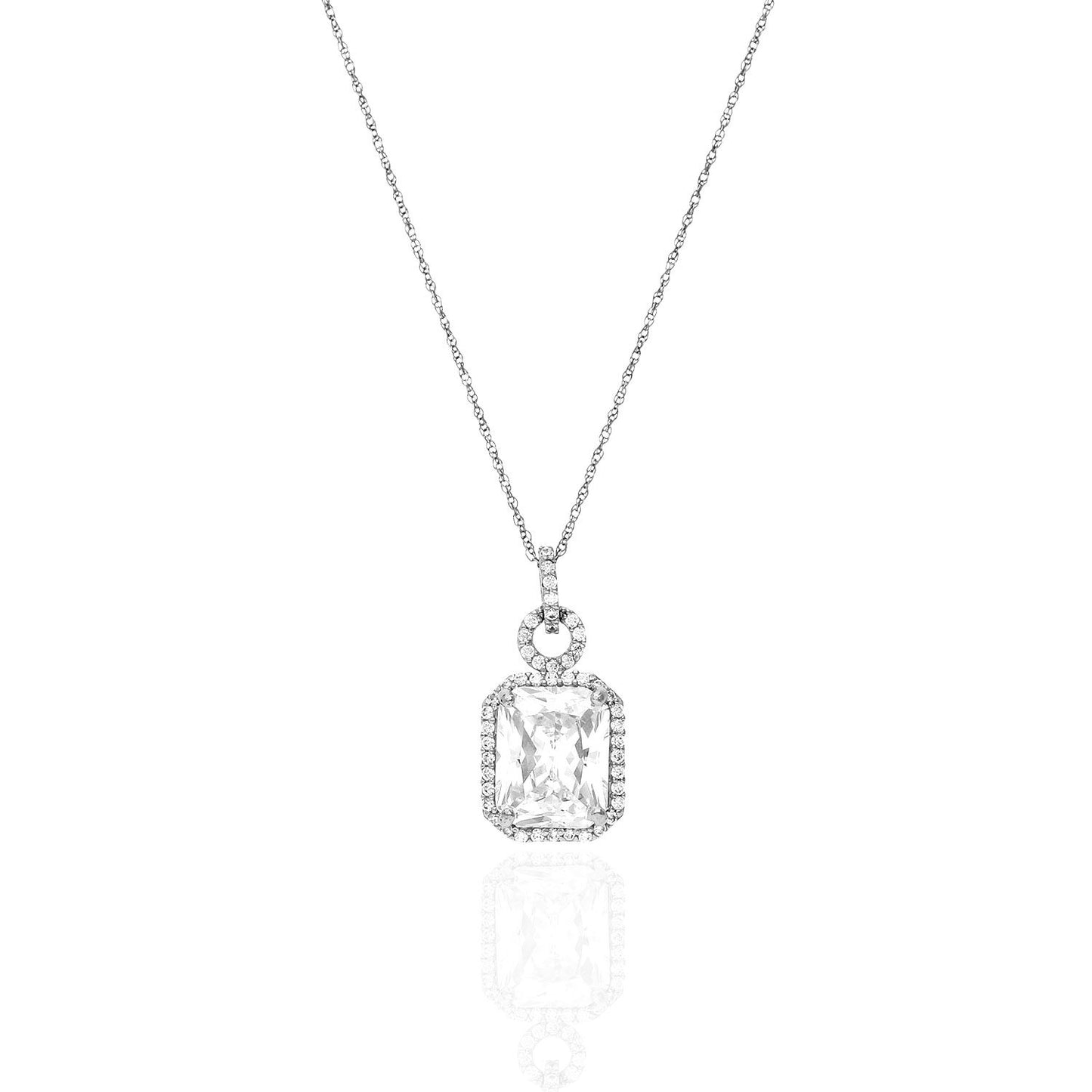 14K Gold 4.50CTW Emerald Cut CZ Halo Pendant Chain Necklace 18"