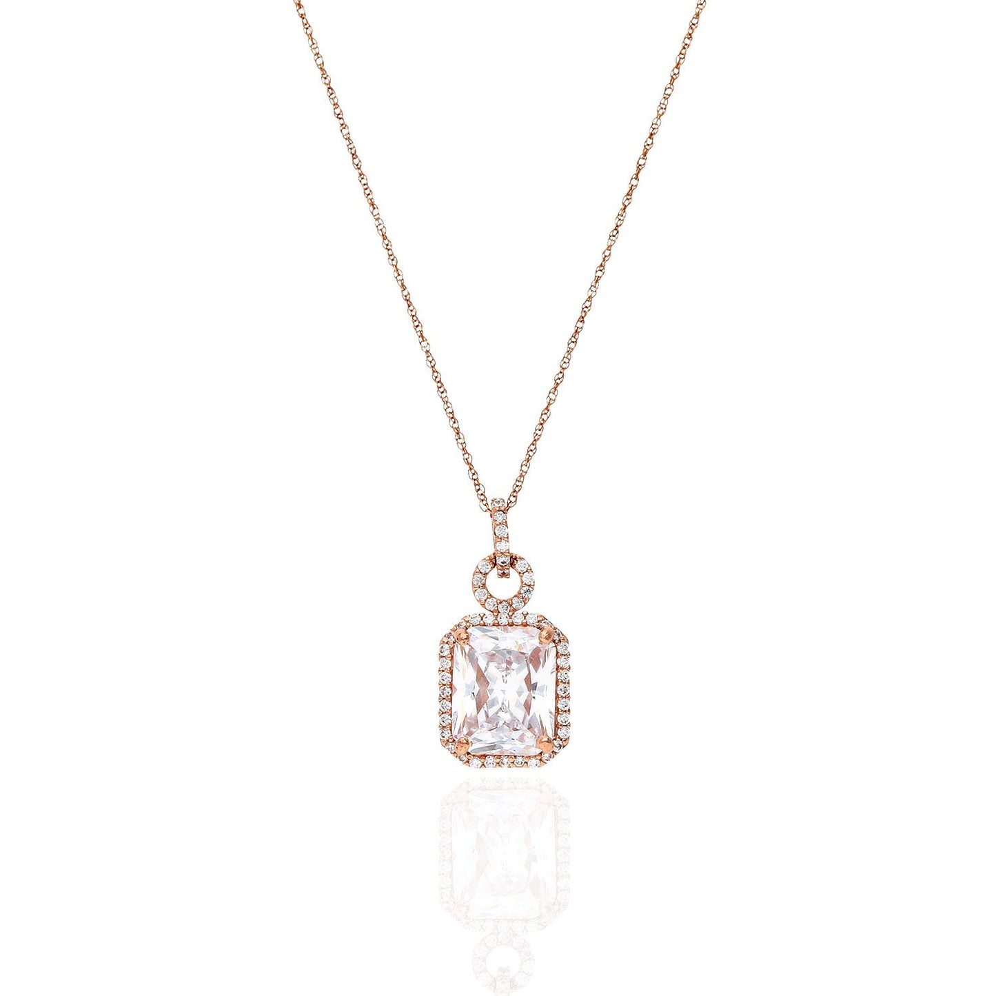 14K Gold 4.50CTW Emerald Cut CZ Halo Pendant Chain Necklace 18"