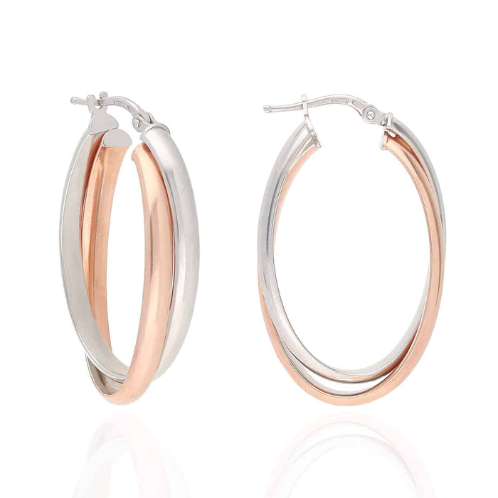 Yellow Rose White Gold Two-Tone Over 925 Silver Shiny Double Oval Hoop Earrings