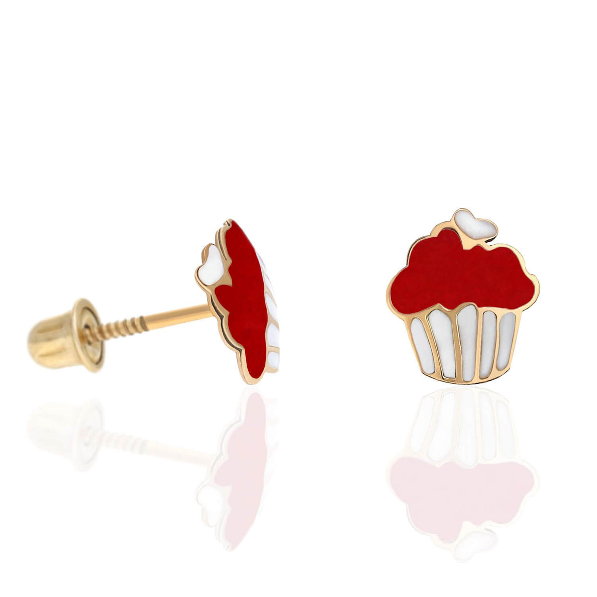 Kids 14K Yellow Gold Enameled Large Cupcake Screw Back Stud Earrings
