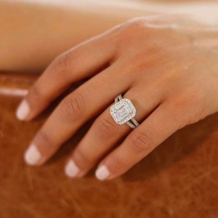 4CTW CZ Emerald-Cut Split Halo 14K Gold White Engagement Ring