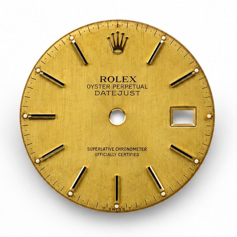 Champagne Rolex Datejust dial, front view with baton markers and date aperture