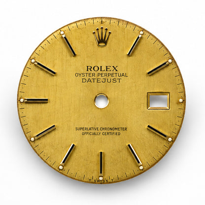 Champagne Rolex Datejust dial, front view with baton markers and date aperture
