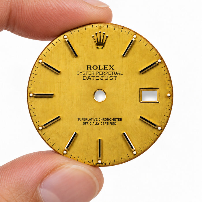 Illustrative handheld view of the champagne Rolex Datejust dial
