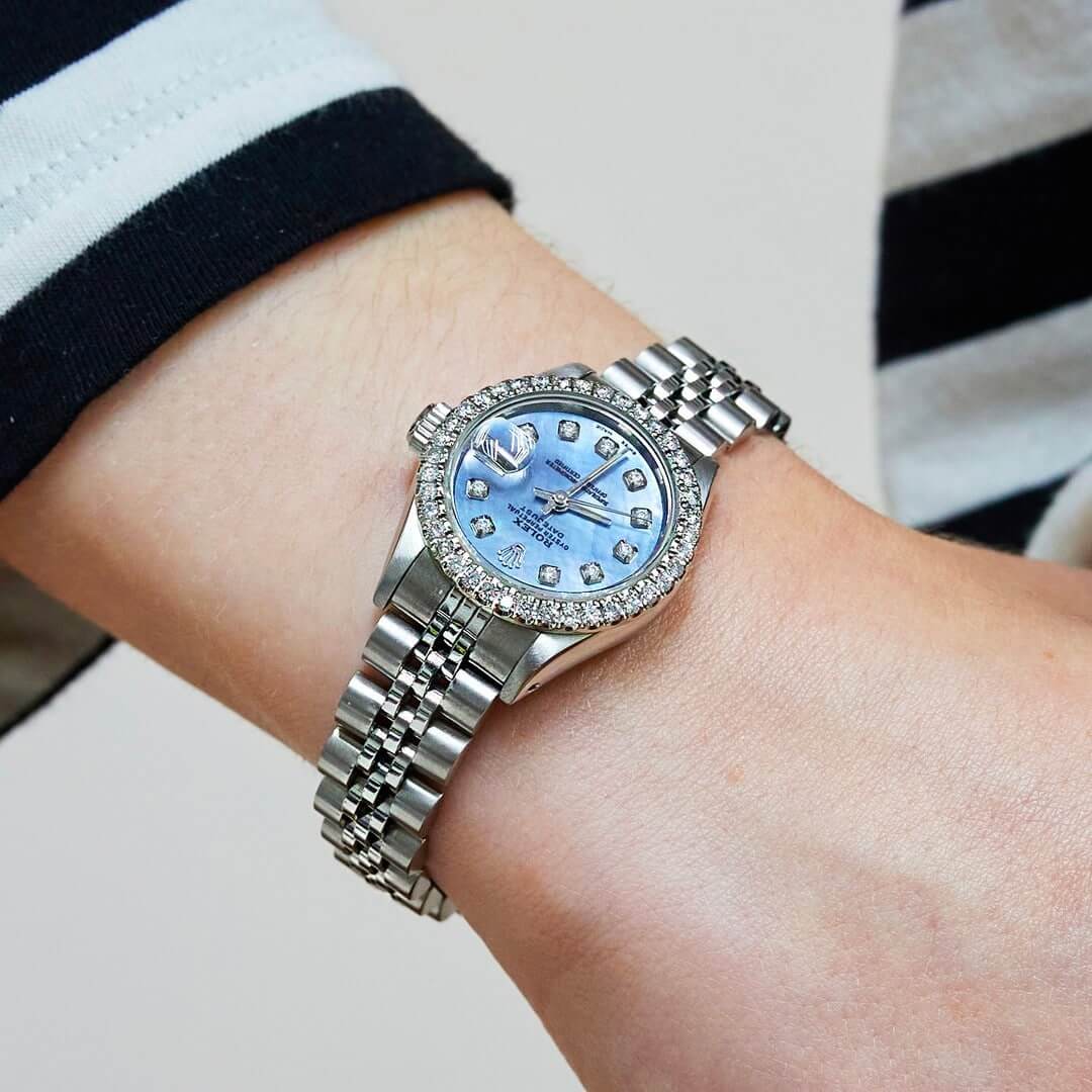 Rolex Datejust Custom Blue 69173 MOP Diamond Dial Bezel Jubilee Band 26mm Watch - WJD Exclusives