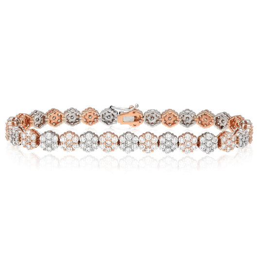 7CTW Lab-Grown Diamond 14K Gold Rose White Flower Cluster Tennis Bracelet 7"