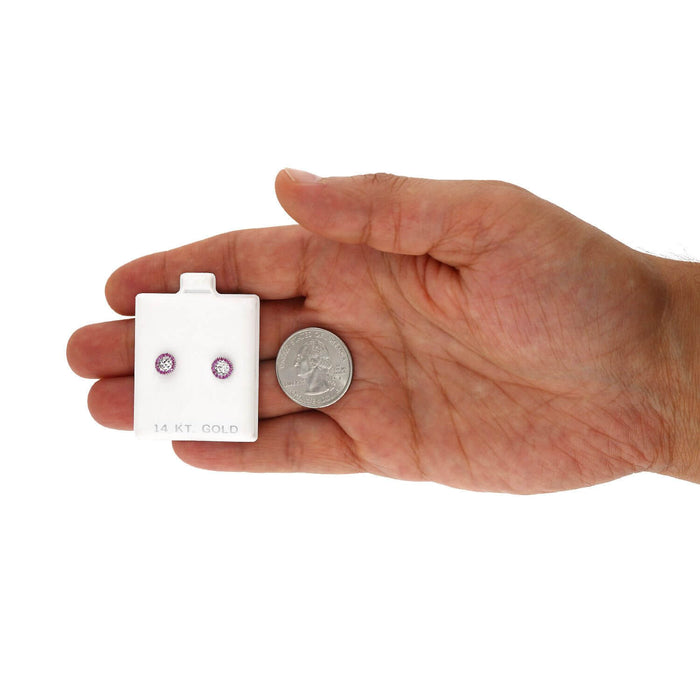 14K White Gold Diamond-Cut Gemstone Round Halo 7mm Screw Back Stud Earrings