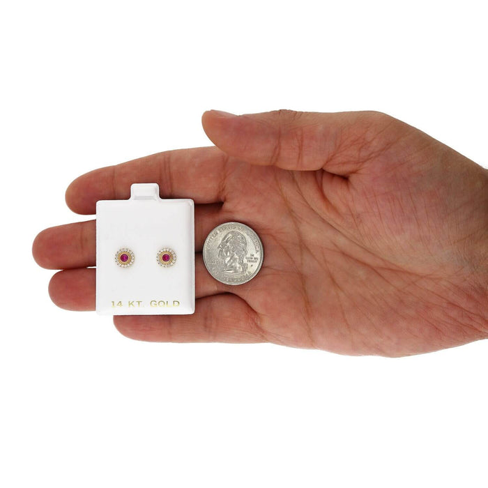 14K Yellow Gold Color Gemstone Round Halo Fancy Birthstone Screw Stud Earrings