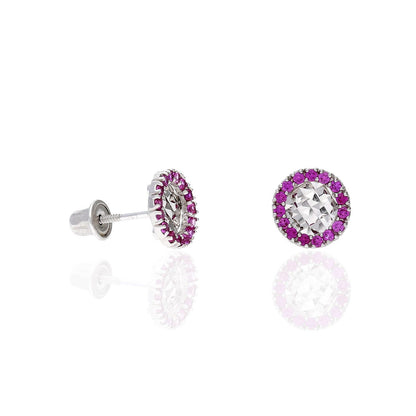 14K White Gold Diamond Cut Gemstone Round Halo 7mm Screw Back Stud Earrings