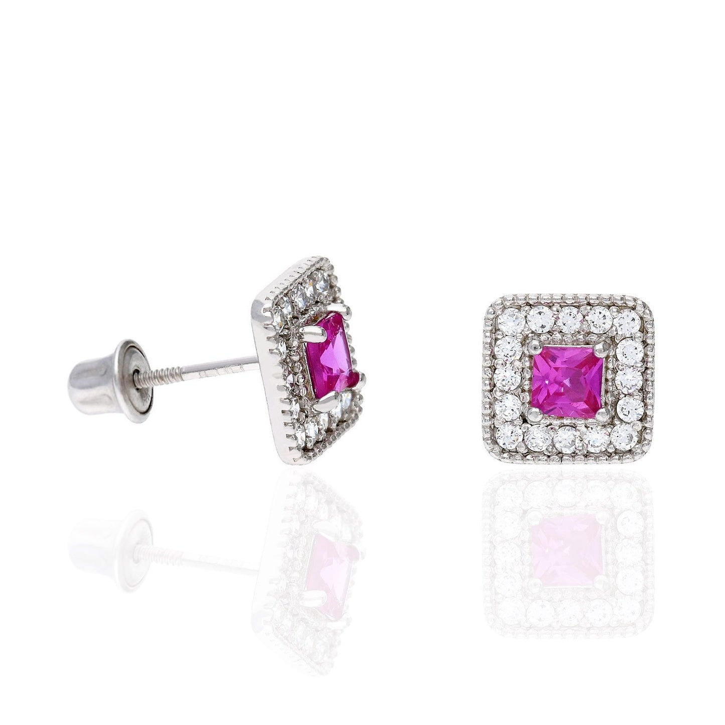 14K White Gold Square Color Gemstone Screw Back Halo Stud Earrings