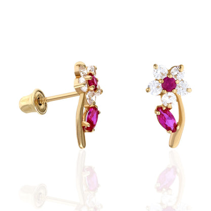 14K Yellow Gold Birthstone Flower Plant Screw Back Stud Earrings