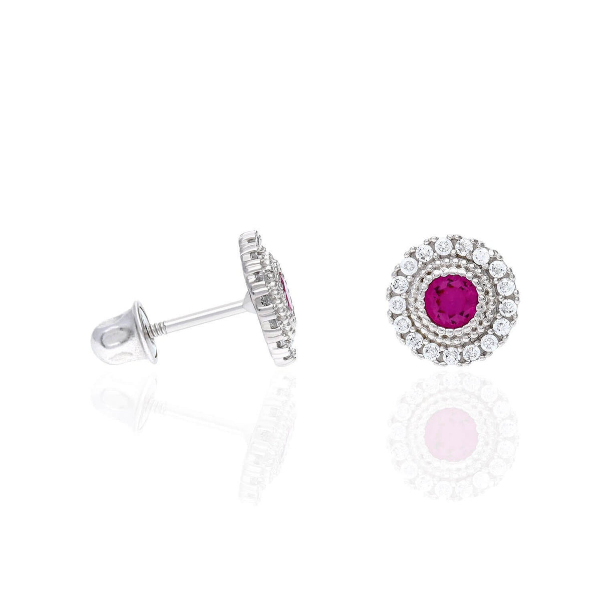14K White Gold Color Gemstone Round Halo Fancy Birthstone Screw Stud Earrings