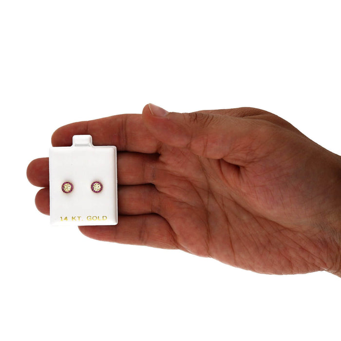 14K Yellow Gold Diamond-Cut Gemstone Round Halo 7mm Screw Back Stud Earrings