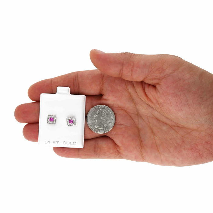 14K White Gold Square Color Gemstone Screw Back Halo Stud Earrings