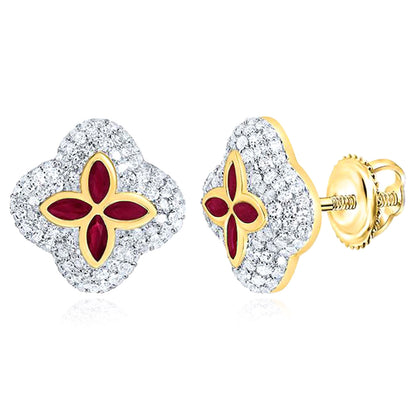 0.95CTW Real Diamond & Natural Ruby Emerald 10K Real Gold Clover Stud Earrings 12mm