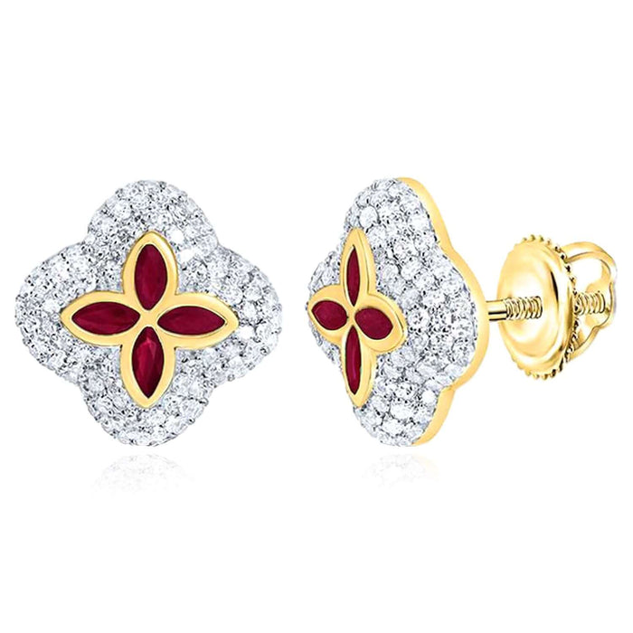 0.95CTW Natural Diamond & Natural Ruby Emerald 10K Gold Clover Stud Earrings 12mm - WJD Exclusives