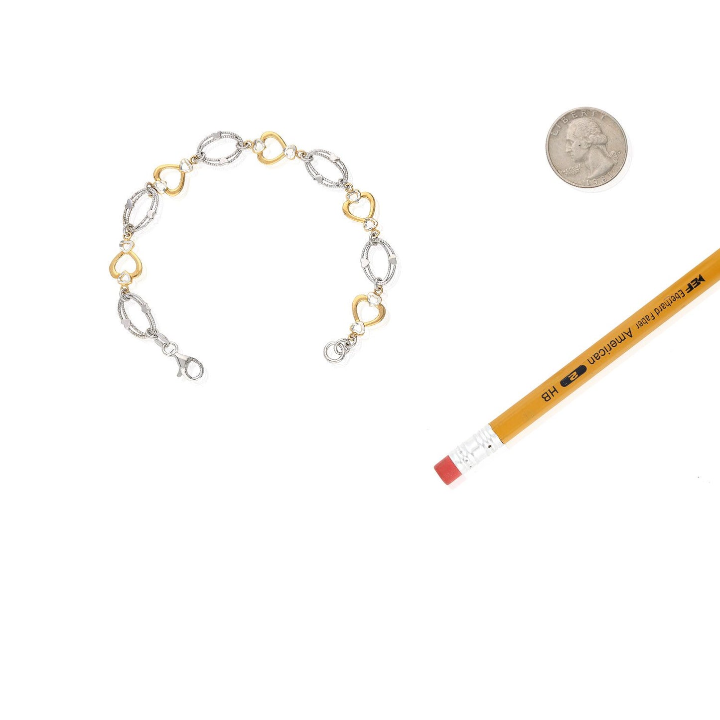 Yellow Rose Gold Two-Tone Over 925 Silver Heart And Oval  Bracelet 7.25"