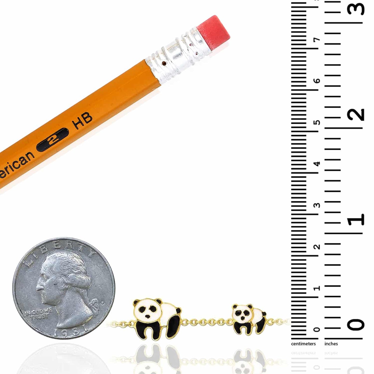 Kids 14K Real Gold Yellow Enamel Cable Two Pandas Bracelet 6"