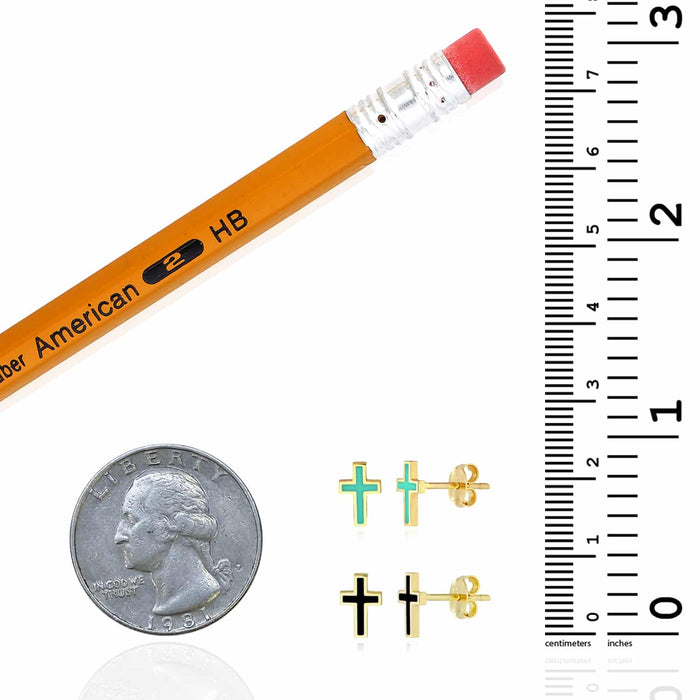 14K Gold Enamel Black Light Turquoise Cross Stud Push Back Earrings 8mm - WJD Exclusives