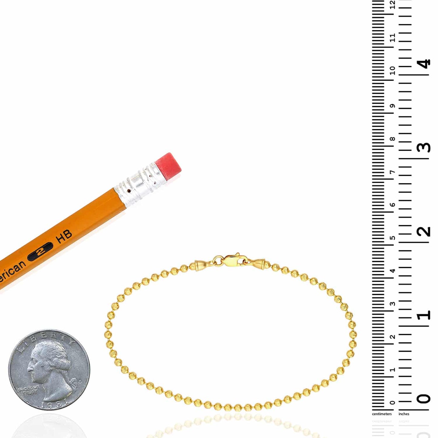14K Real Gold Yellow 2.3mm Diamond-Cut Ball Beaded Bracelet 7.5"