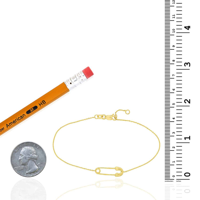 14K Yellow Gold Cable Safety Pin Station Bracelet (Solid Links) 7" - 7.50" Adjustable - WJD Exclusives