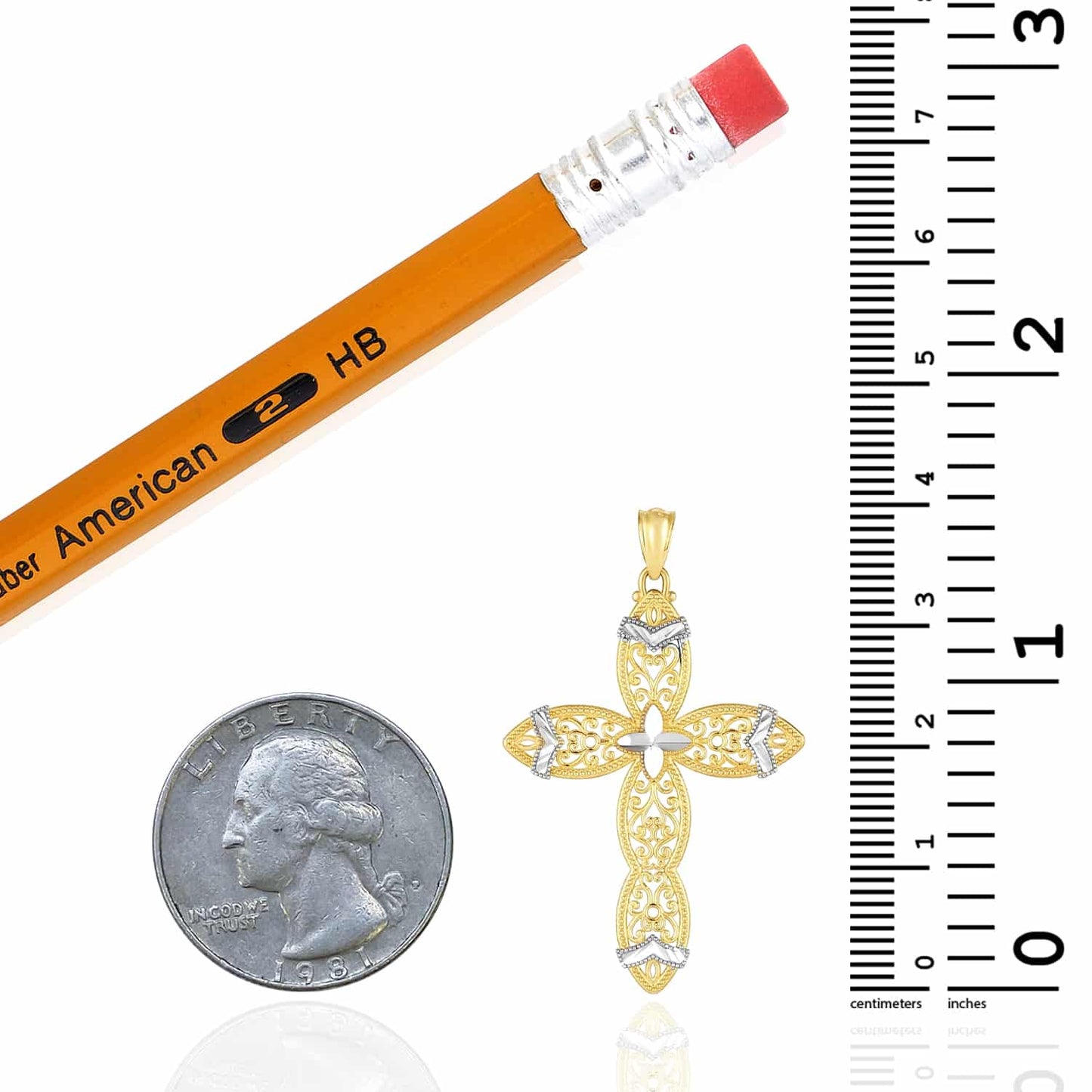 14K Real Gold Two-Tone Yellow White Ornamental Pattern Pendant 1.6"