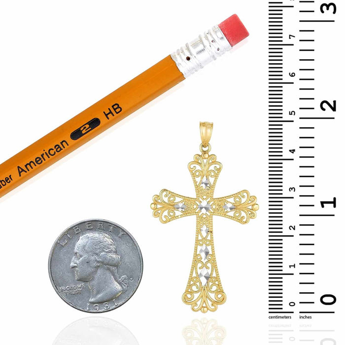14K Gold Two - Tone Yellow White Textured Cross Pendant 2" - WJD Exclusives