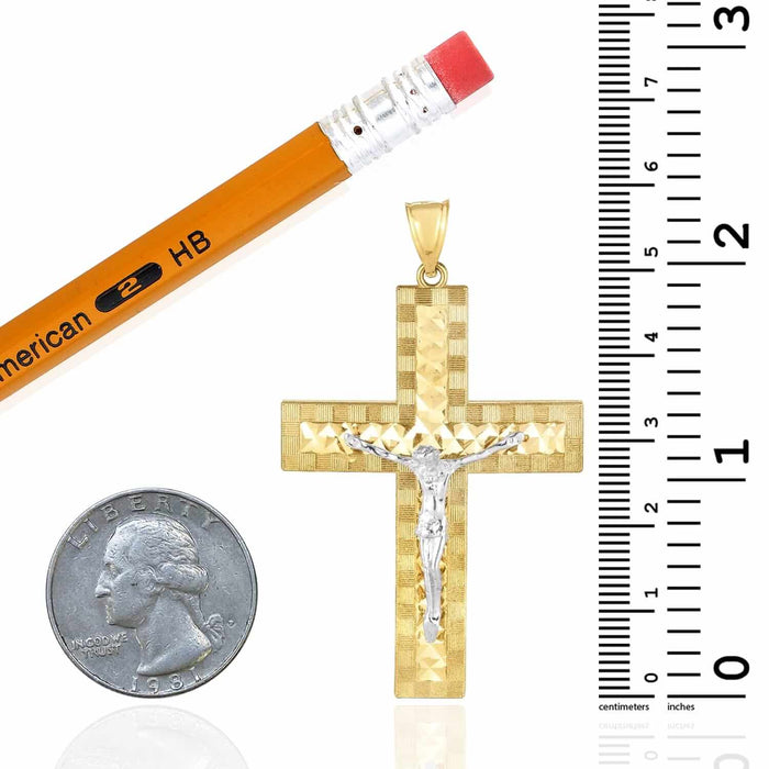 14K Gold Two - Tone Yellow White Diamond - Cut Jesus Crucifix Cross Pendant 2.3" - WJD Exclusives