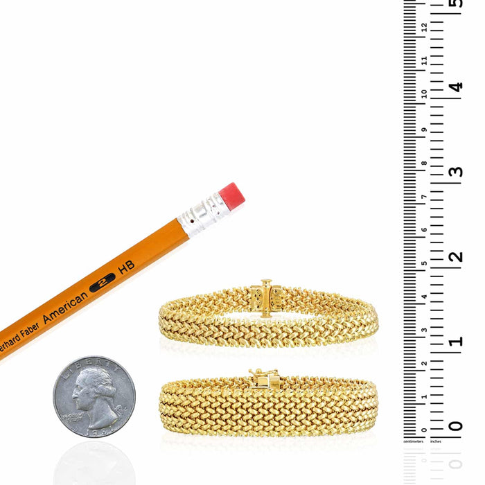 14K Yellow Gold 9mm - 15mm Mesh Rice Mesh Bracelet (Solid Links) 7" - WJD Exclusives