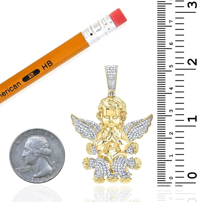 1.20CTW Natural Diamonds 10K Yellow Gold Praying Angel Pendant 2.1" - WJD Exclusives