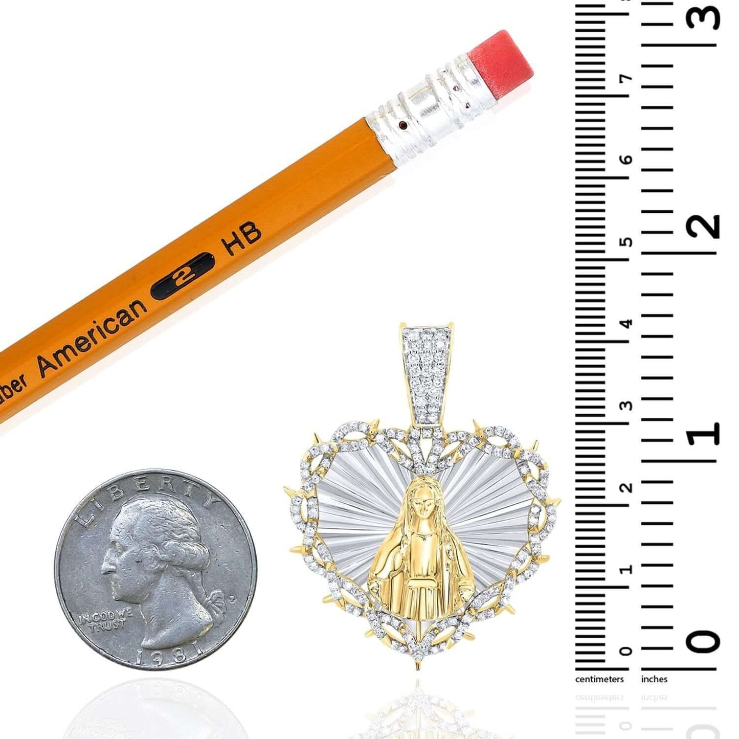 0.75CTW Real Diamond 10K Gold Two-Tone Heart Mother Mary Pendant 1.65"