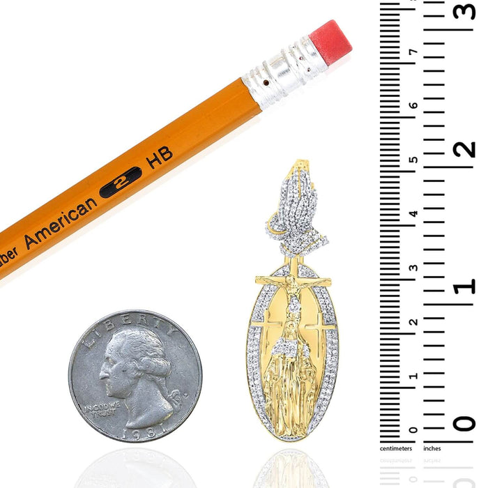 0.75CTW Natural Diamond 10K Yellow Gold Praying Hands Jesus Cross Pendant 2" - WJD Exclusives