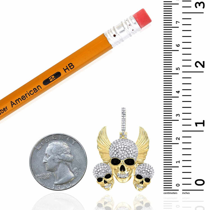 1.00CTW Natural Diamond 10K Yellow Gold Three Skulls Wings Pendant - WJD Exclusives