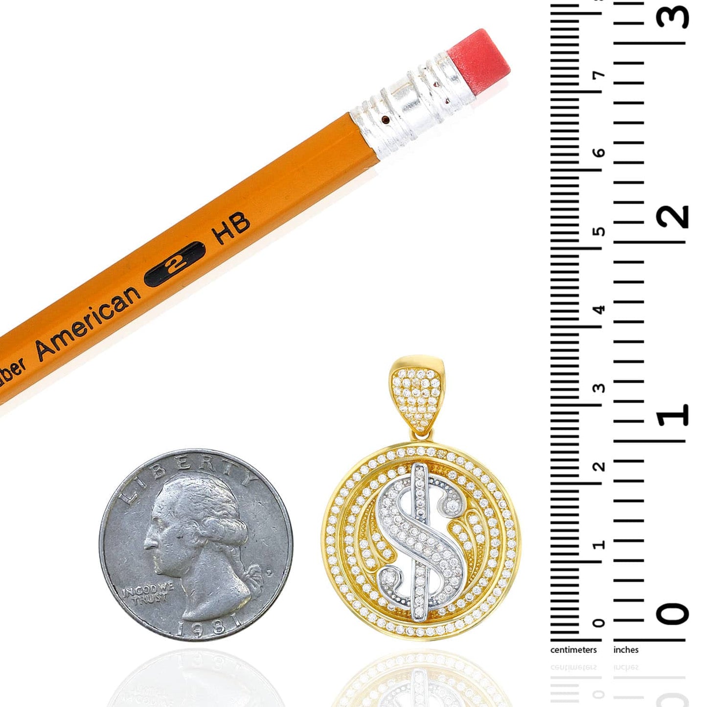 14K Real Gold Two-Tone Yellow White CZ Dollar Sign Round Pendant 1.45"
