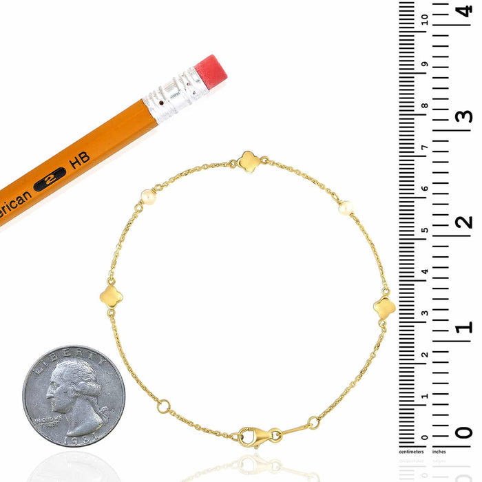 14K Yellow Gold 1mm Cable Clover Leaf Pearl Bracelet (Solid Links) 6.5" - 7" Adjustable - WJD Exclusives