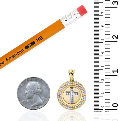 14K Real Gold Two-Tone Yellow White CZ Round Cross Pendant 1.2"