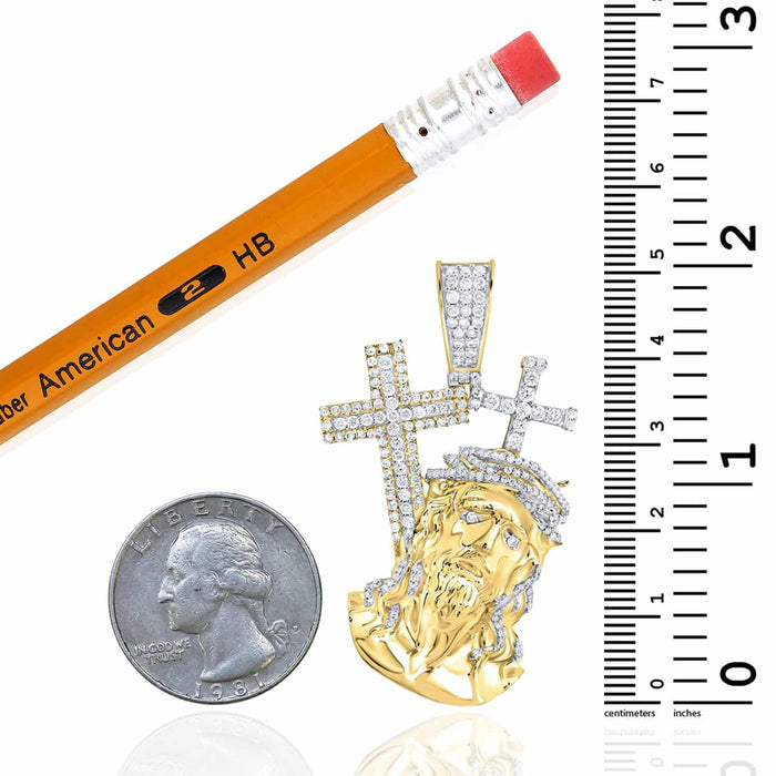 1.33CTW Natural Diamond 10K Yellow Gold Jesus Dual Crosses Pendant 2" - WJD Exclusives