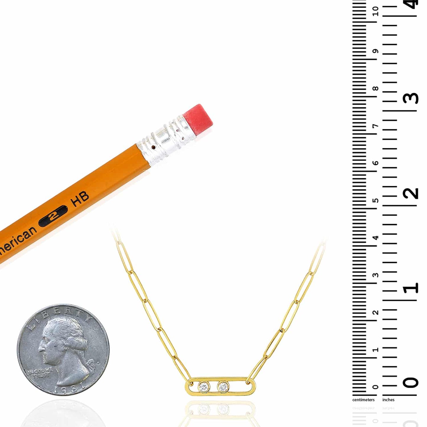 0.12CTW Real Diamond 14K Real Gold Paperclip Pendant Necklace 18"