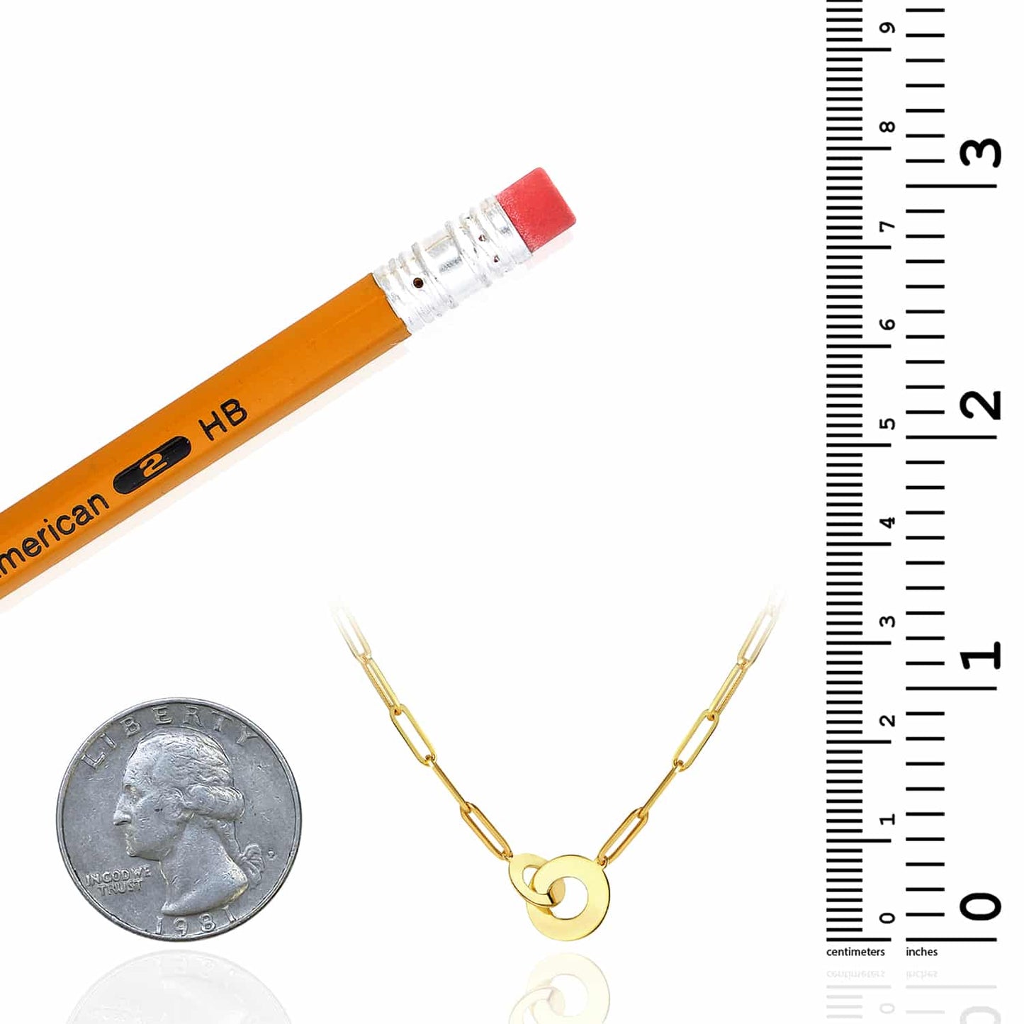 14K Real Gold Interlocked Circle Round Pendant Paperclip Necklace 18"