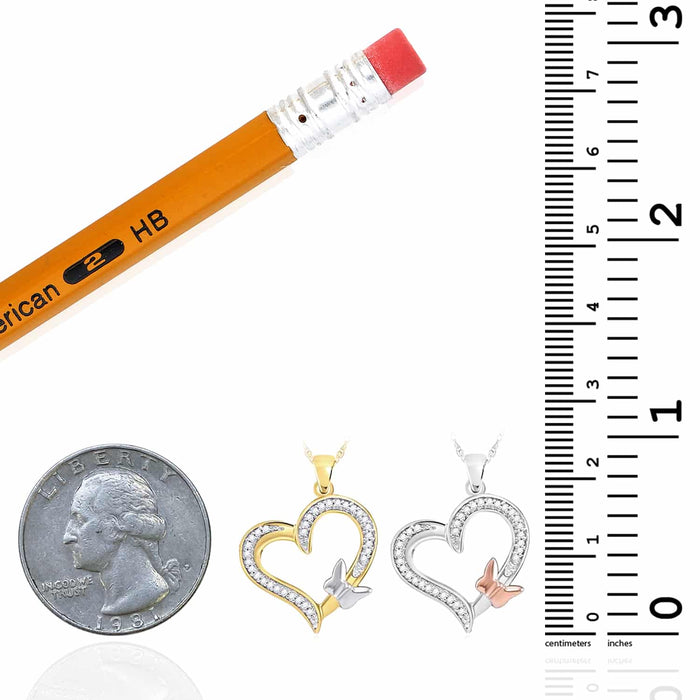 0.10CTW Natural Diamond 10K Gold Yellow White Rose Butterfly Heart Pendant 0.9" - WJD Exclusives