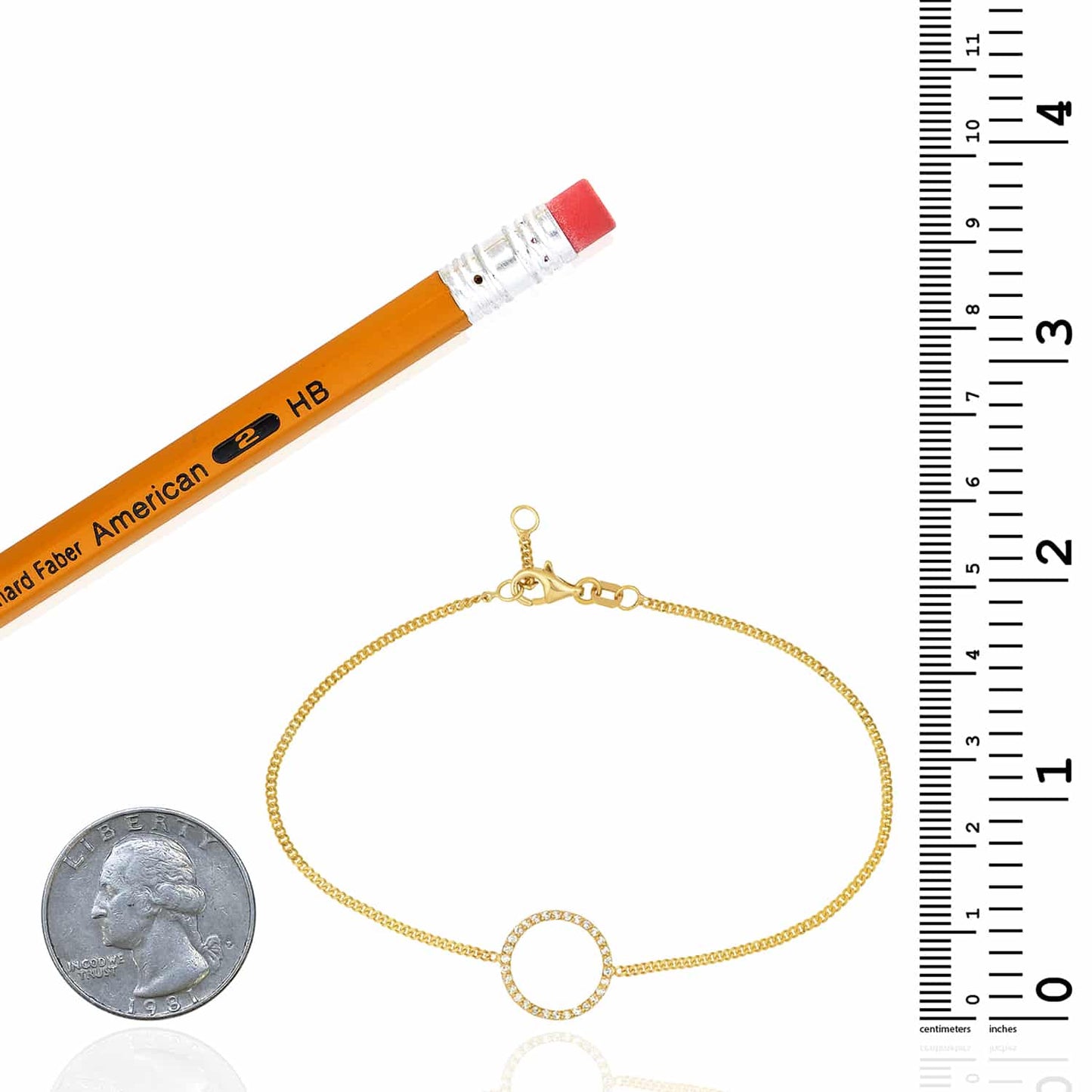 0.15CTW Real Diamond 14K Real Gold Yellow Cuban Circle Charm Bracelet 7"-7.5" Adju