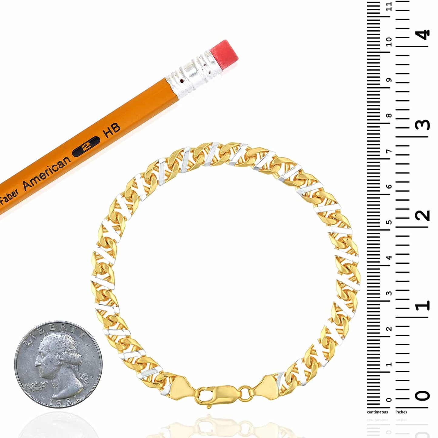 Solid 14K Real Gold Two-Tone Yellow White 7mm Anchor Mariner Bracelet 8.5"